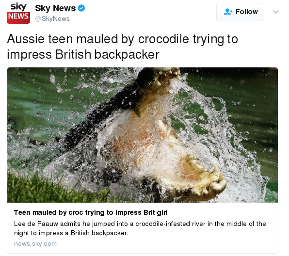 Tweet in image reads Aussie teen mauled by crocodile trying to impress British backpacker