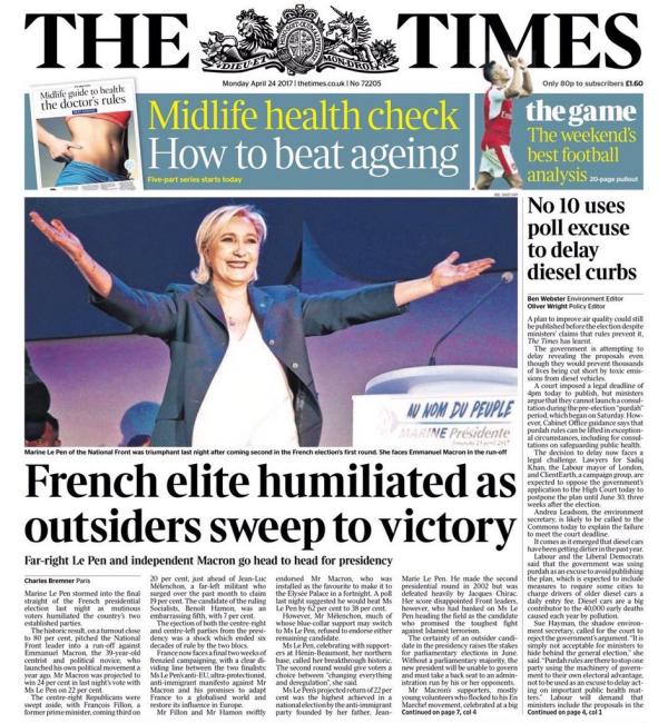 Times front page featuring large photo of Marine Le Pen