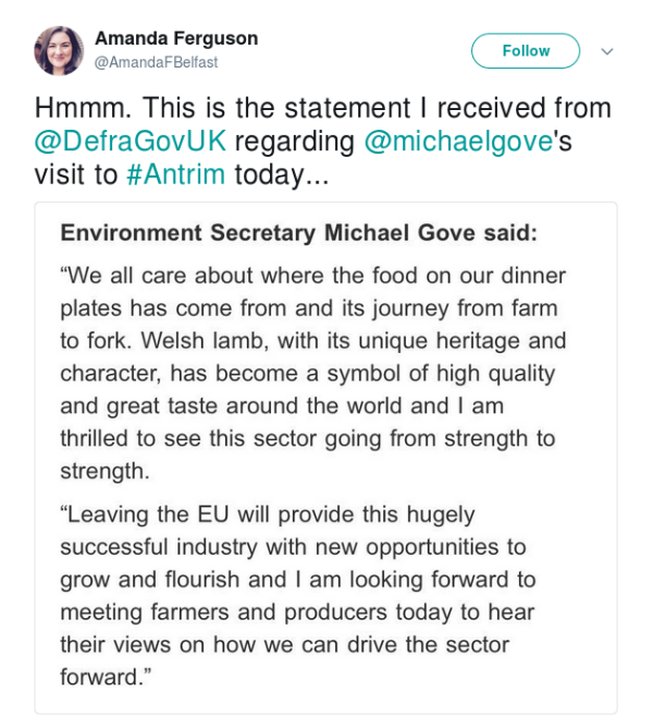 shot of Defra statement for Gove's Antrim visit mentioning Welsh lamb