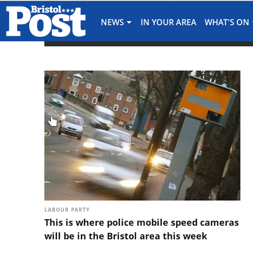 text reads Labour Party This is where police mobile speed cameras will be in the Bristol area this week