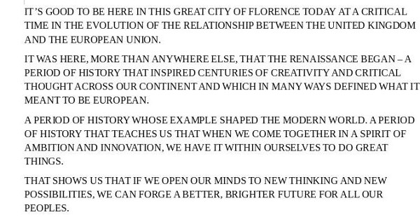 screenshot of start of May's  Florence speech, converted into upper case in LibreOffice
