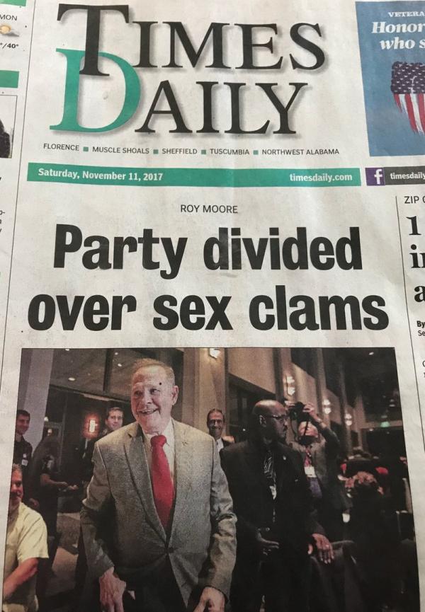 Headline reads party divided over sex clams