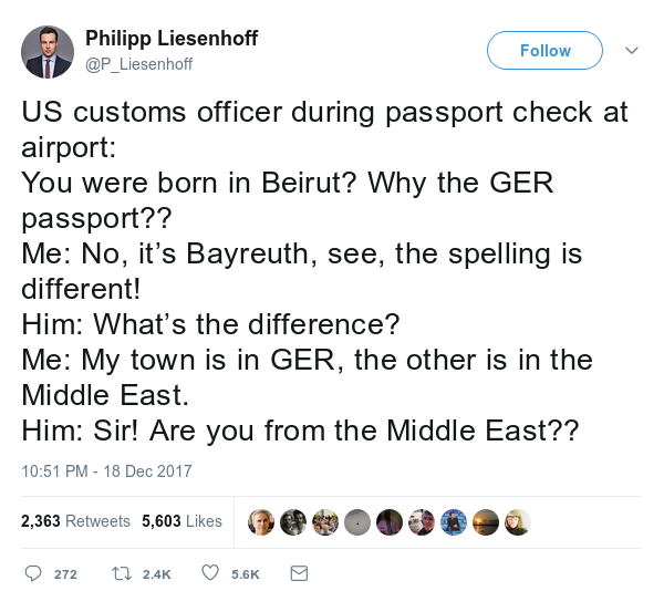 tweet detailing conversation with US customs officer who confuses Bayreuth Germany with Beirut Lebanon