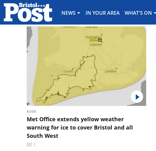 screenshot bearing the wording Asda - Met Office extends yellow weather warning for ice to cover Bristol and South West