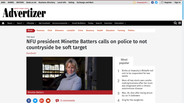 headline reads NFU president Minette Batters calls on police to not countryside be soft target