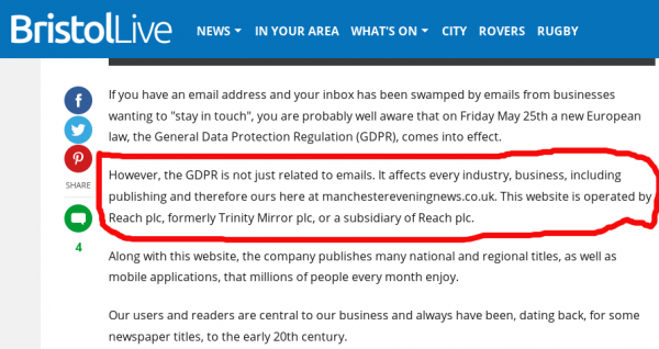 relevant sentence reads: However, the GDPR is not just related to emails. It affects every industry, business, including publishing and therefore ours here at manchestereveningnews.co.uk
