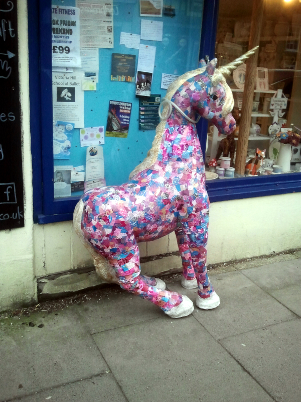 a papier maché unicorn spotted in Witney Oxon