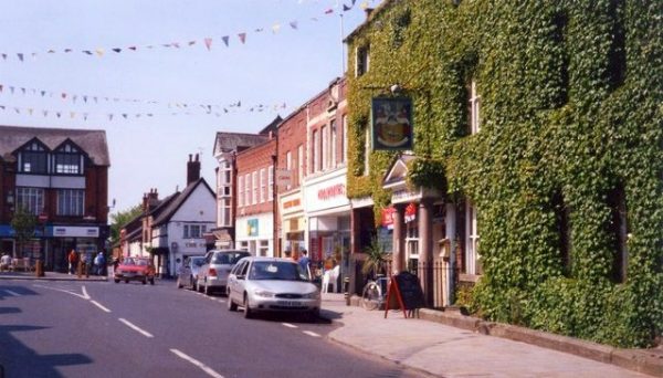 High Street Market Drayton with the Corbet Arms Hotel on the right