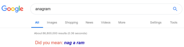 Google's response to search string anagram reads did you mean nag a ram