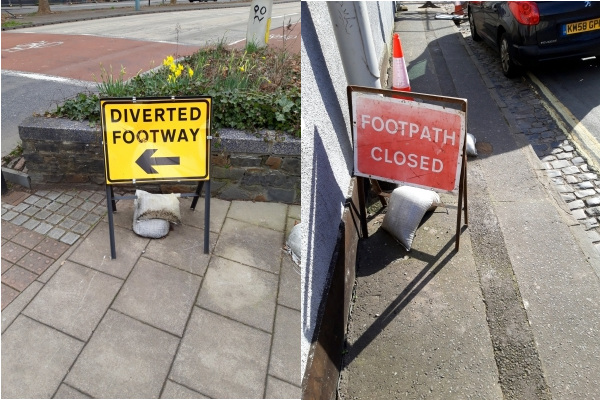 Composite image showing 'Diverted Footway' and 'Footpath Closed' road signs