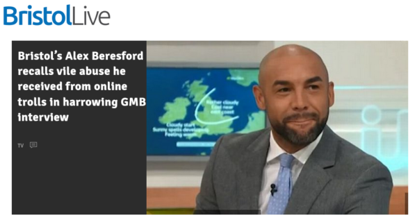 Headline text reads: Bristol's Alex Beresford recalls vile abuse from online trolls in GMB interview