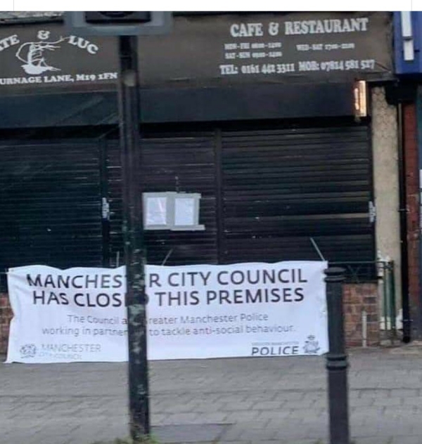Banner in image reads: Machester City Council has closed this premises