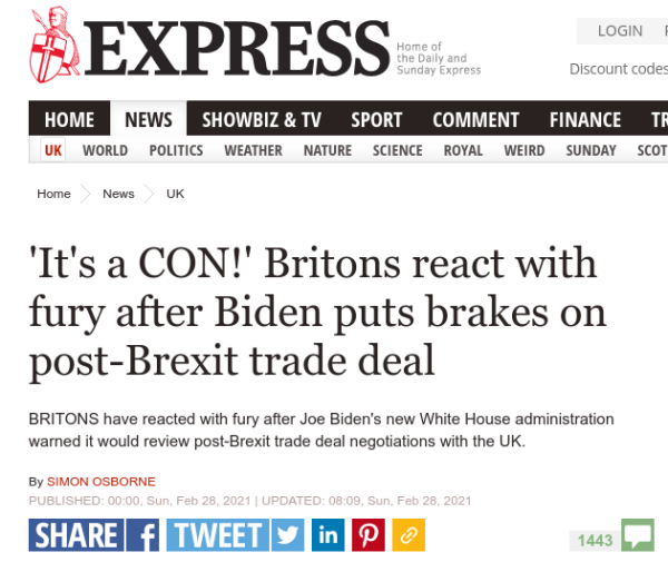 Screenshot of Express website article with headline reading: It's a CON!' Britons react with fury after Biden puts brakes on post-Brexit trade deal