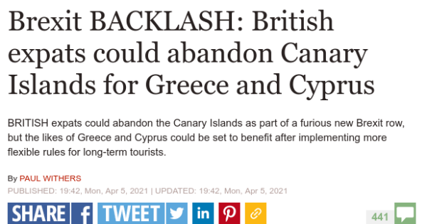 Headline reads Brexit BACKLASH: British expats could abandon Canary Islands for Greece and Cyprus