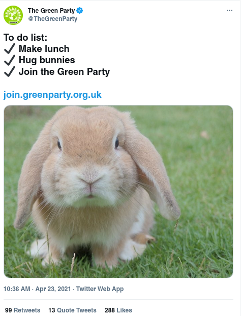 Tweet reads: To do list: Heavy check mark  Make lunch Heavy check mark  Hug bunnies Heavy check mark  Join the Green Party