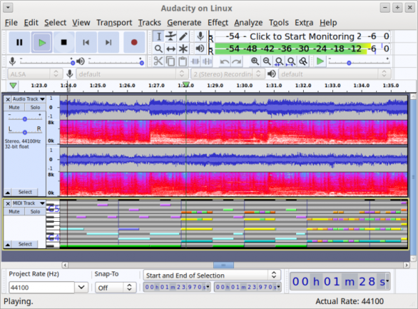 Audacity running on Linux, audio track and MIDI track playing