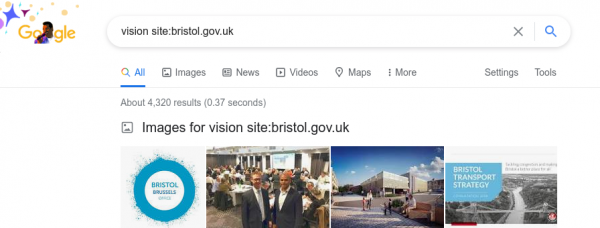 Screenshot of Google search of Bristol City Council website for use of vision