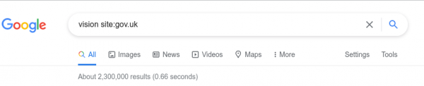 Screenshot of Google search revealing 2.3m uses of vision on central and local government websites
