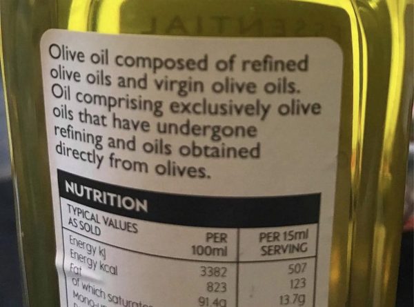 Text reads Olive oil composed of refined olive oils and virgin olive oils. Oil comprising exclusively olive oils taht have undergone refining and oils obtained directly from olives.