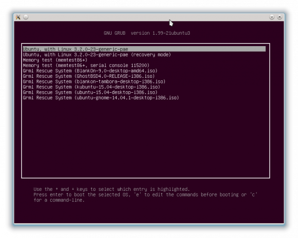 GRUB bootloader menu on Ubuntu Linux machine