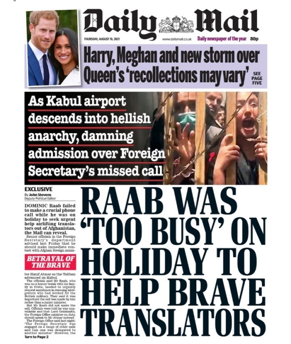 Headline reads Raab was 'too busy' on holiday to help brave translators