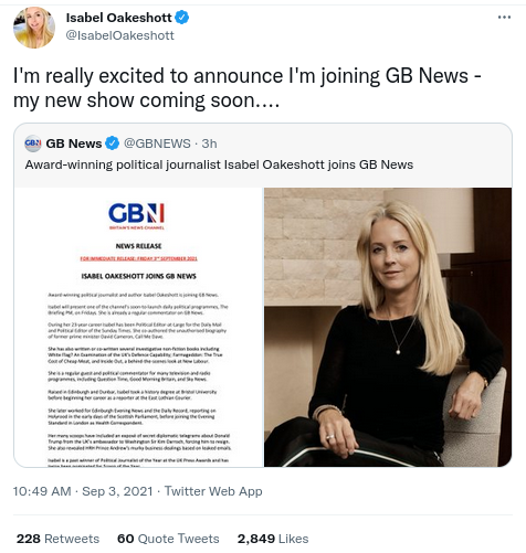 Tweet reads: I'm really excited to announce I'm joining GB News - my new show coming soon....