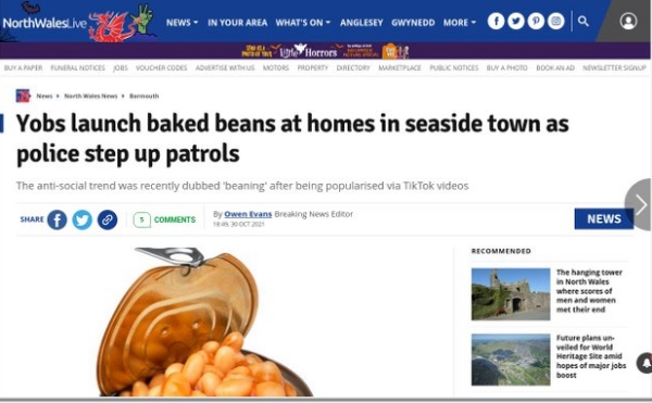Headline reads: Yobs launch baked beans at homes in seaside town as police step up patrols