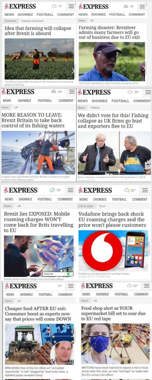 On the left pre-referendum headlines. On the right post-referendum reality headlines