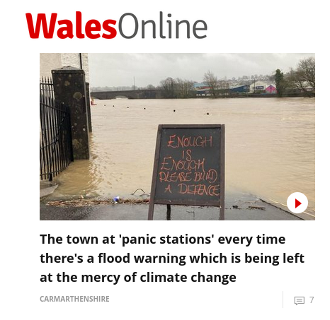 Headline reads The town at panic stations every time there's a flood warning which is being left at the mercy of climate change