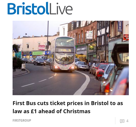 Headline reads First Bus cuts ticket prices in Bristol to as law as £1 ahead of Christmas