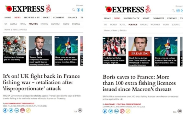 Two headlines read: It's on! UK fight back in France fishing war - retaliation after disproportionate attack; and Boris cave in to France. More than 100 extra fishing licences issued since Macron's threats