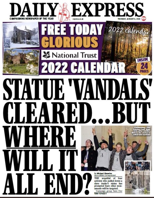 Headline reads: statue 'vandals' cleared... but where will it all end?
