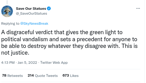 Tweet reads: A disgraceful verdict that gives the green light to political vandalism and sets a precedent for anyone to be able to destroy whatever they disagree with. This is not justice.