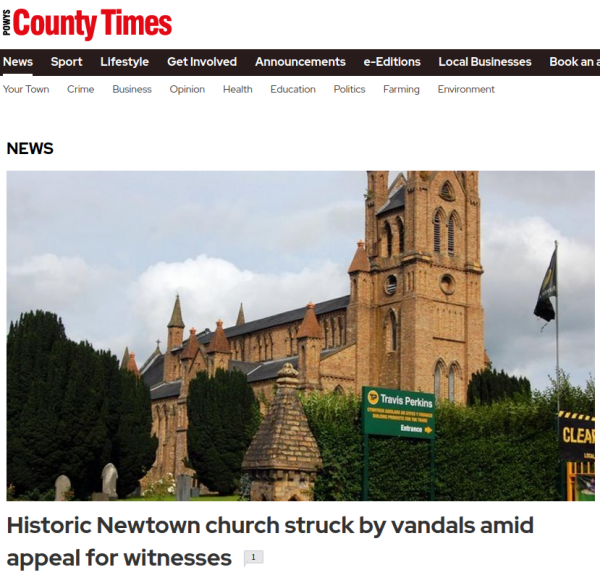 Headline reads Historic Newtown church struck by vandals amid appeal for witnesses
