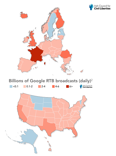 Maps of Europe and USA showing billions of daily Google RTB broadcasts