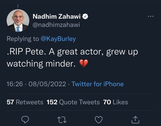 Tweet reads RIP Pete. A great actor, grew up watching minder