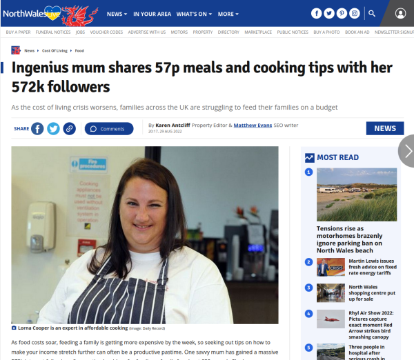 Headline reads Ingenius mum shares 57p meals and cooking tips with her 572k followers