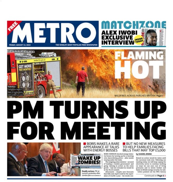 Front page of Friday's Metro with headline PM TURNS UP FOR MEETING