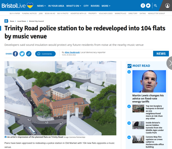 Headline reads Trinity Road police station to be redeveloped into 104 flats by music venue