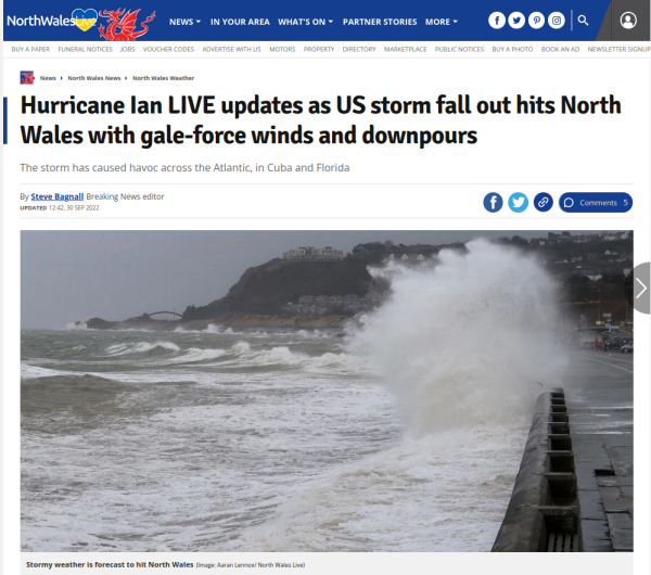 Headline reads Hurricane Ian LIVE updates as US storm fall out hits North Wales with gale-force winds and downpours