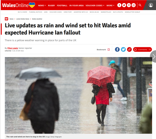 Headline reads Live updates as rain and wind set to hit Wales amid expected Hurricane Ian fallout
