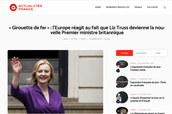 Headline reads "Iron Weathercock: Europe reacts to Liz Truss becoming British prime minister
