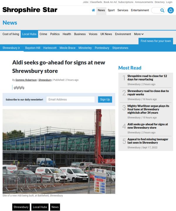 Headline reads Aldi seeks go-ahead for signs at new Shrewsbury store