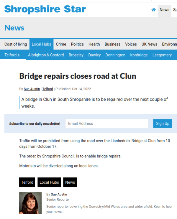 Screenshot of Shropshire Star article placing Clun within Telford