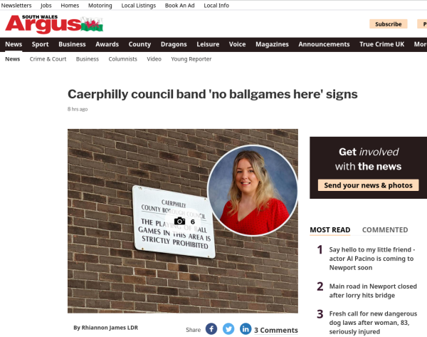 Headline reads Caerphilly council band 'no ballgames here' signs