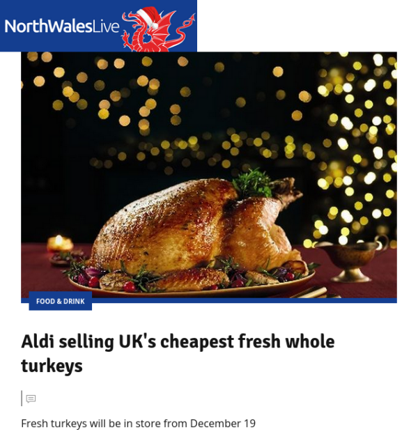 Headline reads Aldi selling UK's cheapest fresh whole turkeys