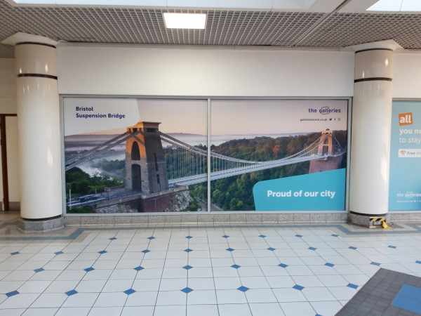 Shopping centre mural showing caption Bristol Suspension Bridge