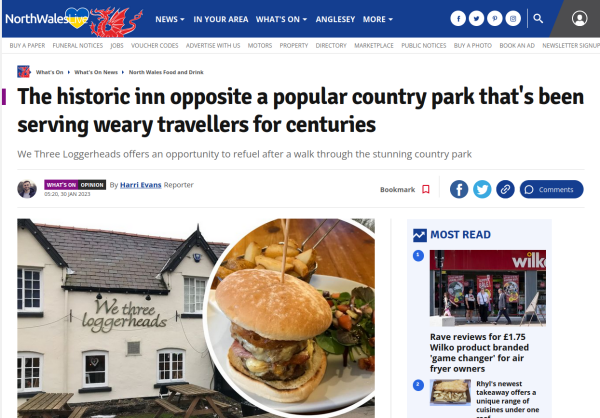 Headline reads The historic inn opposite a popular country park that's been serving weary travellers for centuries