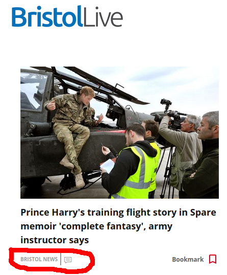 Headline reads Prince Harry's training flight story in Spare memoir complete fantasy, army instructor says