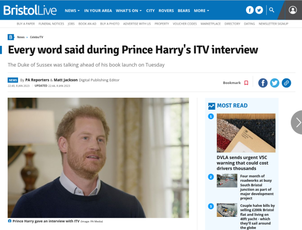 Headline reads Every word said during Prince Harry's ITV interview